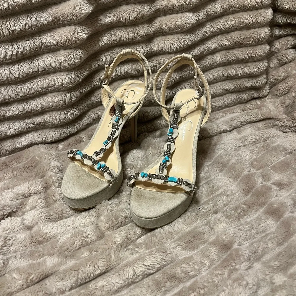 Jessica Simpson Beaded T-Strap Beige and Turquoise Platform Sandals - Picture 1 of 7